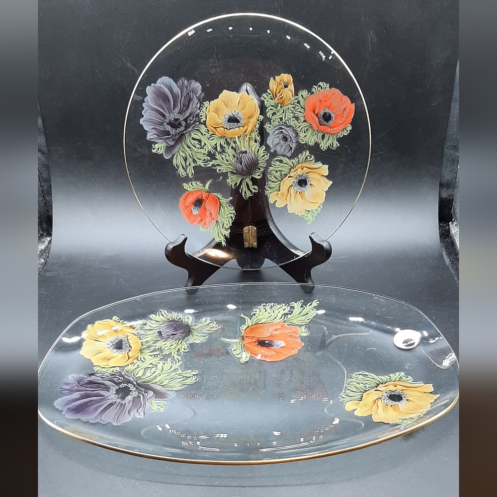 Vintage Chance Glass Poppy Serving Plate Round Plate Reverse Painted England